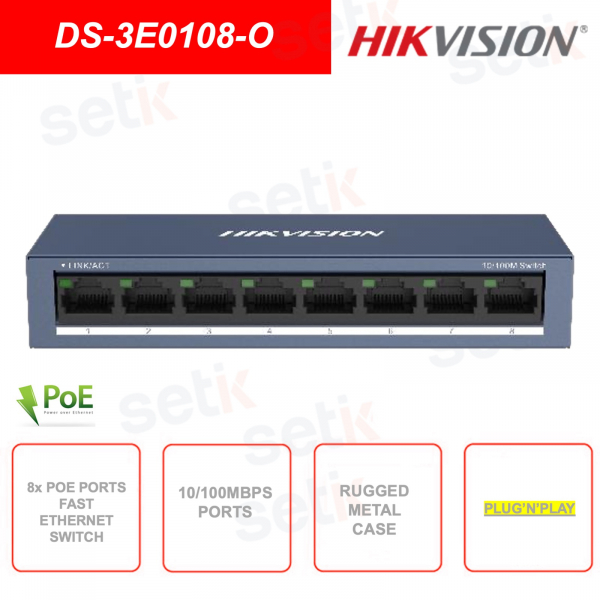 Conmutador de red con 8 puertos IP POE - 10/100Mbps RJ45 - Plug'n'Play