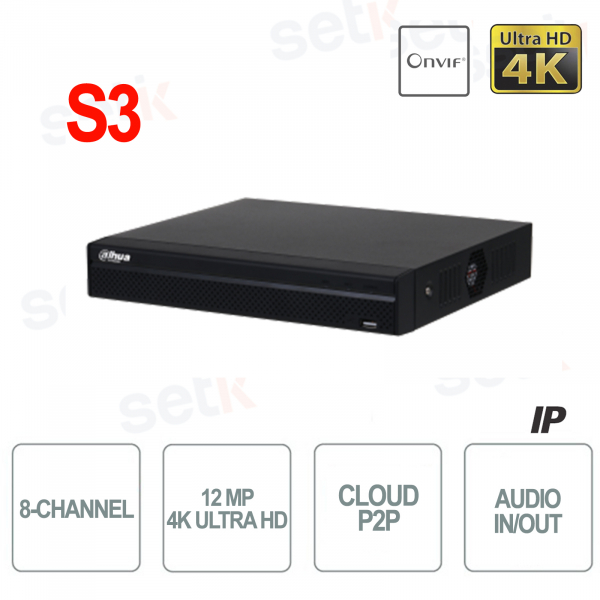 NVR IP 8 canaux 4K H.265 jusqu'à 12MP 1HDD Audio - Version S3 - Série Lite Dahua