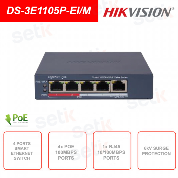 Smart PoE Network Switch - 4 PoE 10/100Mbps ports, 1 RJ45 10/100Mbps port