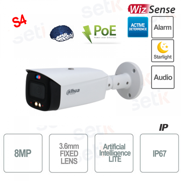 White Bullet Camera AI Lite Wizsense IP ONVIF® PoE 8MP 2.8mm Starlight Full Color - S4 - Dahua