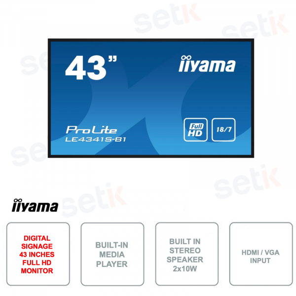 Moniteur IPS Iiyama 43 pouces - Affichage numérique - 1080p - Full HD - HDMI - VGA - Lecteur multimédia - LAN