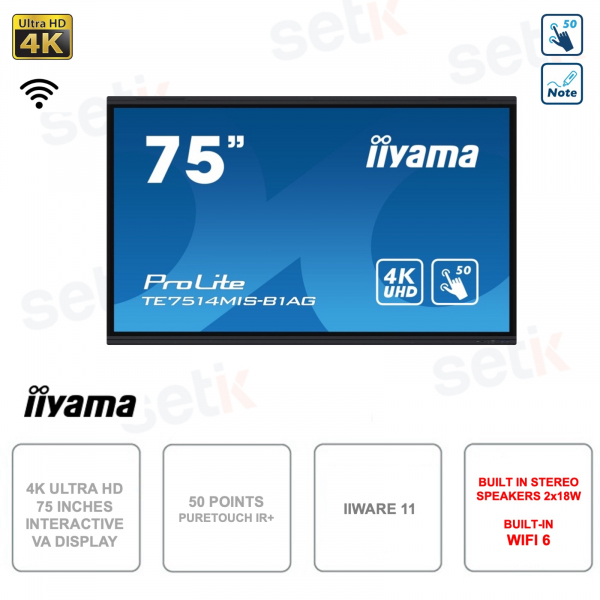 Interactive touchscreen monitor - VA Panel - 75 Inch - 4K Ultra HD - WIFI - iiWare 11