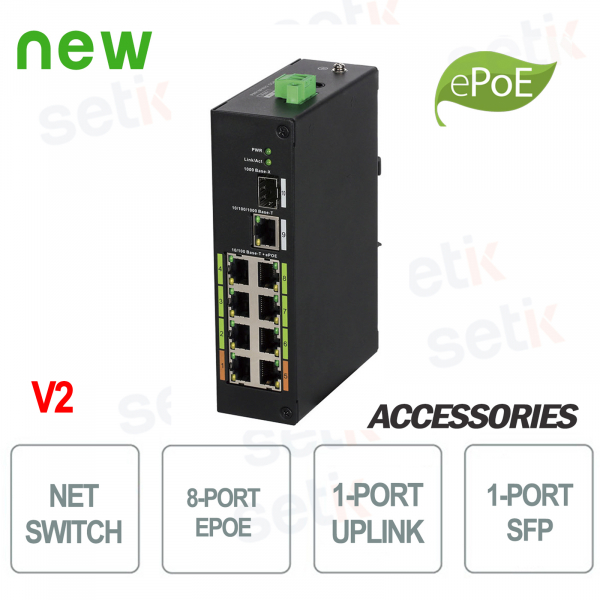 Industrial PoE Switch with 10 ports and 8 ePoE Ports + Uplink + SFP - Dahua