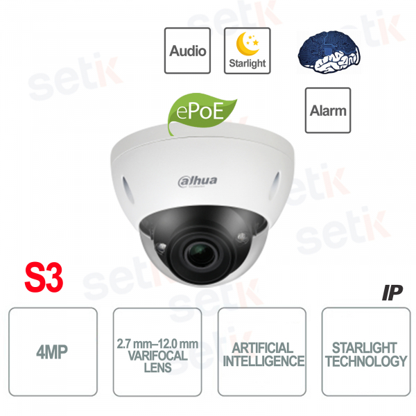 ONVIF® PoE 4MP AI IP-Kamera 2,7 mm–12,0 mm Starlight Audio Alarm – S3
