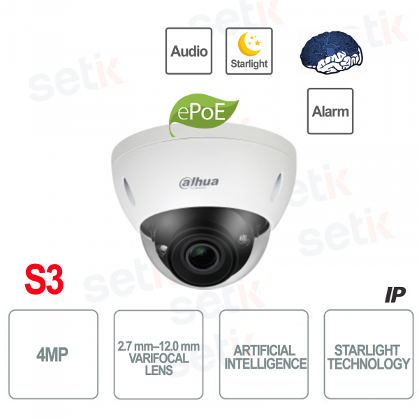 Caméra IP ONVIF® PoE 4 MP 2,7 mm–12,0 mm avec alarme audio et IA - S3