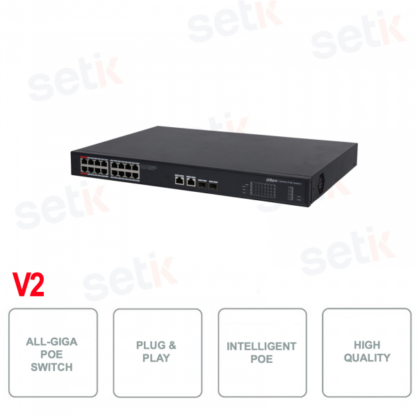 Switch PoE industriel - 18 RJ45 - 16 Ethernet PoE - 2 Ethernet - 2 Uplink SFP - Dahua - V2