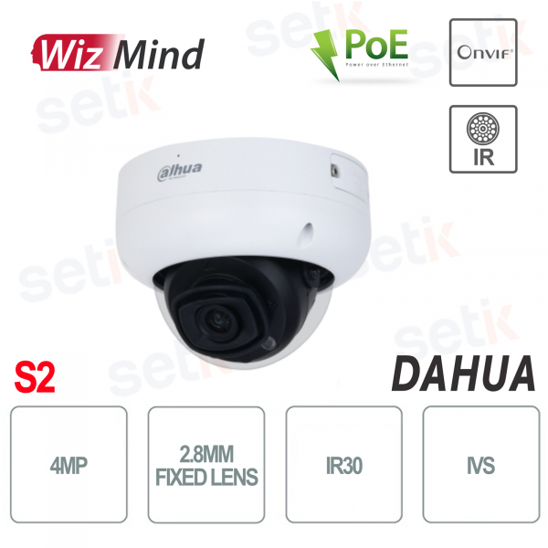 Dahua Dome-Kamera WizMind PoE Onvif Vollfarbe 4 MP 2,8 mm Objektiv IR30 IP67 IK10 Audioalarm – S2