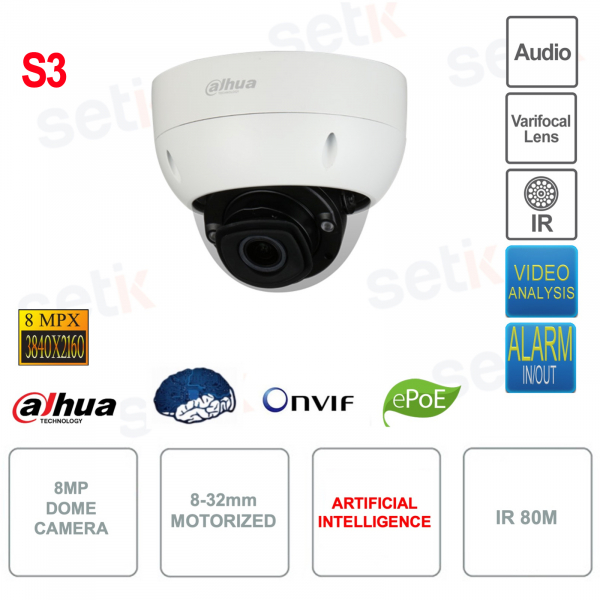 Caméra dôme IP PoE ONVIF® 8MP - Focale variable 8-32 mm - IR 80m - Intelligence artificielle - S3
