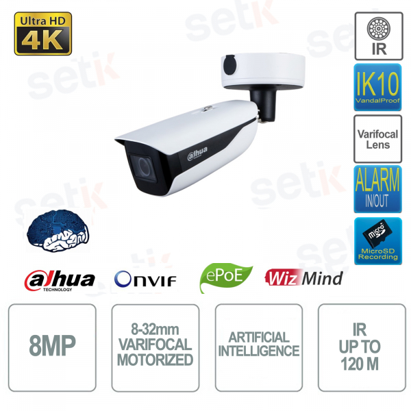 Telecamera Bullet IP ePoE ONVIF® - 8MP - Ottica 8-32mm varifocale - Intelligenza artificiale - Versione S3