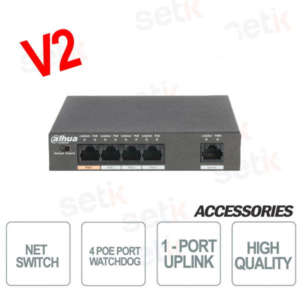 Switch Watchdog PoE 4 puertos + 1 puerto de enlace ascendente - Versión V2 - Dahua