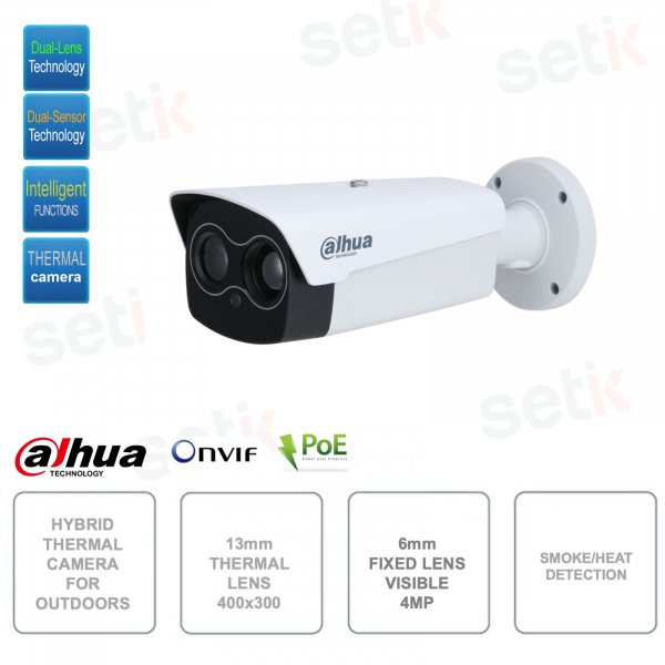 Caméra extérieure hybride IP POE ONVIF - Optique visible 6mm 4MP - Thermique 13mm - Intelligence Artificielle