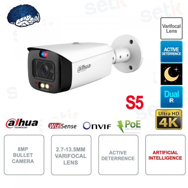 Cámara de disuasión activa IP PoE ONVIF® de 8MP - 2,7-13,5 mm - Inteligencia artificial - IR dual - S5