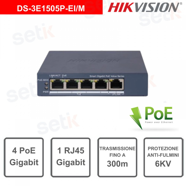 HIKVISION Switch di rete 4 Porte Poe-1Porta Gigabit RJ45