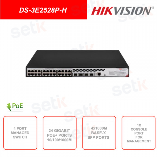 Switch réseau géré - 24 ports PoE+ 10/100/1000Base-T - 4 ports SFP 1000Base-X - 1 port de contrôle de console