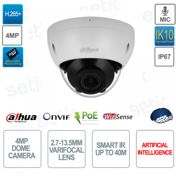 4MP IP POE ONVIF® dome camera - 2.7-13.5mm lens - Smart IR 40m - Artificial intelligence