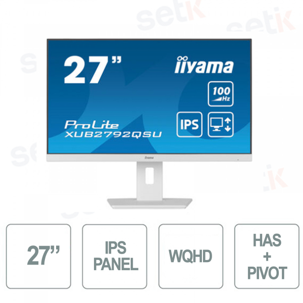 Moniteur Iyama - WQHD 2560x1440 - 27 pouces - 100 Hz - 0,4 ms - A (150 mm) - Pivot - Haut-parleurs - HDMI - DisplayPort - Blanc
