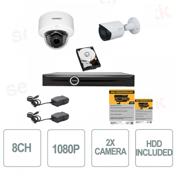 Kit Professionale Videosorveglianza 8 Canali 1080P Telecamere da esterno Dome e Bullet - Alimentatori Cartelli e Hard Disk