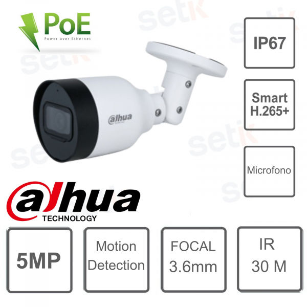 Cámara IP tipo bala de 5MP - lente de 3,6 mm - micrófono - IR 30 metros - Dahua