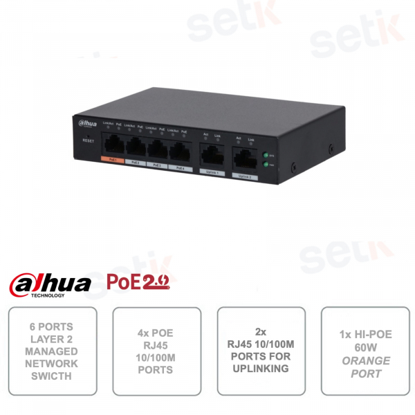 Netzwerk-Switch – 6 Ports – 4 POE-Ports – 10/100 M Übertragungsrate – 1 Hi-PoE-Port 60 W