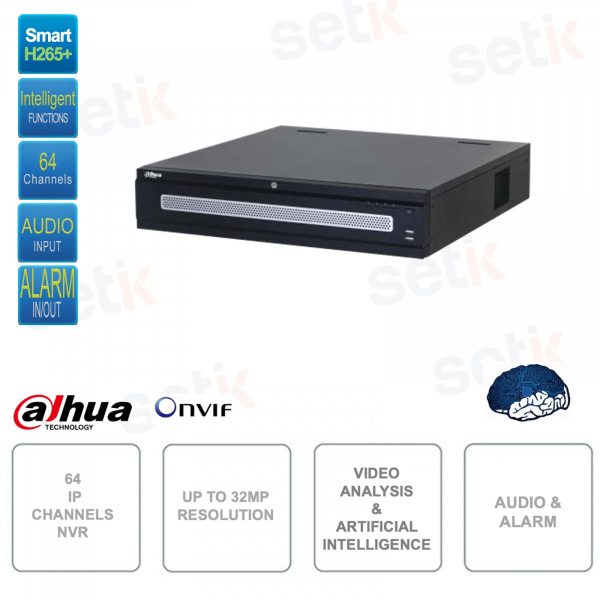 NVR IP ONVIF - 64 canali - Fino a 32MP 8K - Video Analisi e intelligenza artificiale - Audio - Allarme