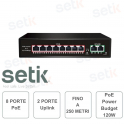 Switch 8 ports PoE + 2 ports uplink - distance max. 250 mètres - Setik