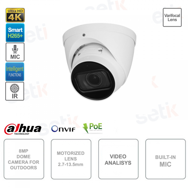 POE ONVIF Dome IP Camera 8MP 4K - Motorized 2.7-13.5mm - Video Analysis - Microphone
