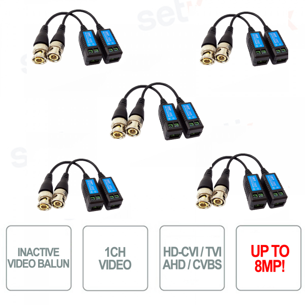 Cinq paires de Baluns vidéo passifs AHD / CVI / TVI / CVBS jusqu'à 4K 8Mégapixels - Setik