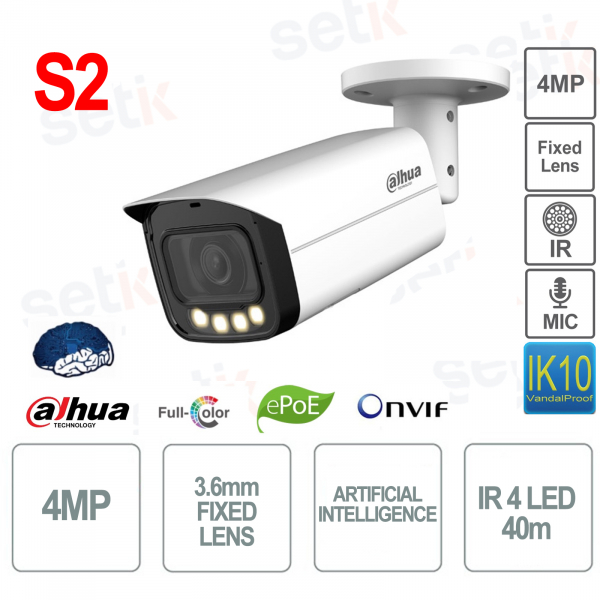 Caméra Bullet IP PoE Couleur ONVIF® - 4MP - Objectif 3,6 mm - Intelligence Artificielle - Microphone - S2 - Dahua
