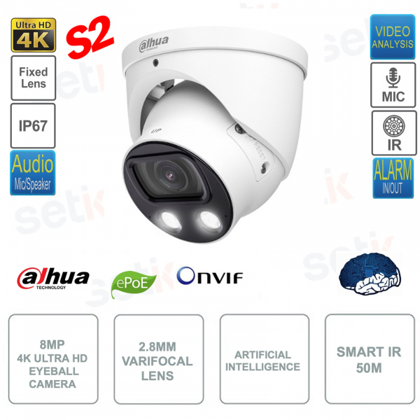 Caméra oculaire IP POE ONVIF - 8MP 4K - Objectif fixe 2,8 mm - Intelligence Artificielle - Couleur - S2