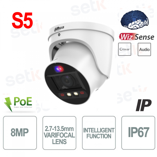 Caméra IP AI ONVIF® PoE 8MP Objectif à focale variable 2,7-13,5 mm Analyse vidéo S5 - Wizsense - Dahua