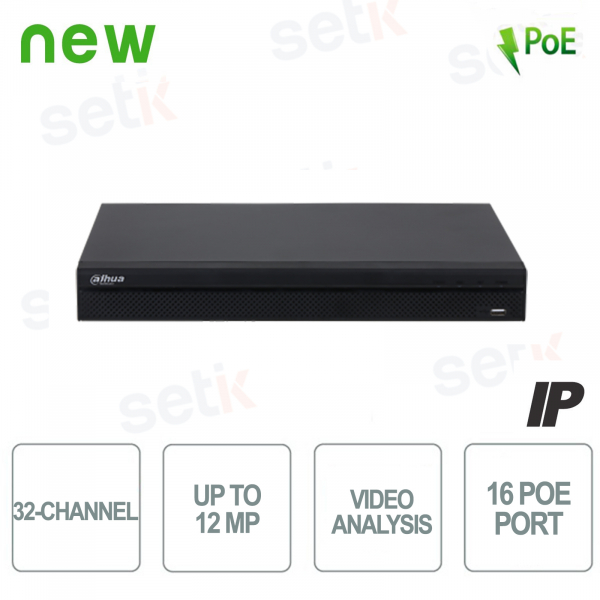 NVR IP 32 Canales H.265 4K - hasta 12MP 160Mbps - 16PoE 2 HDD - Análisis de Vídeo - Dahua
