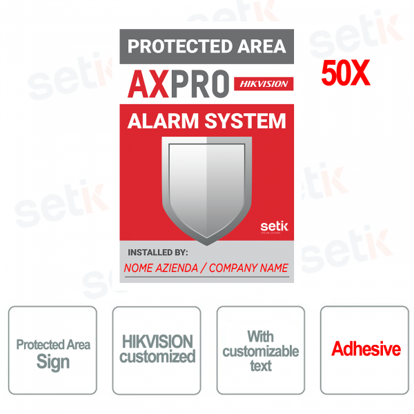 KIT 50X Hikvision Adesivi Cartelli Area Protetta Antintrusione Allarme Personalizzati per Professionisti