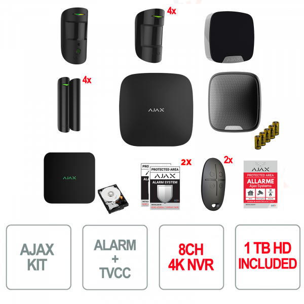 Kit de alarma completo AJAX Black Jeweler Serie Baseline con NVR