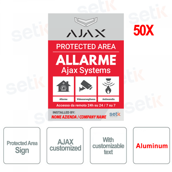 KIT 50X AJAX Alluminio Cartelli Area Protetta Antintrusione Allarme Personalizzati per Professionisti