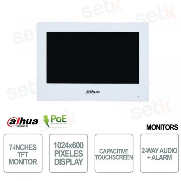 Monitor da interno 7 pollici TFT - 1024x600 - IP & Wi-Fi POE - Altoparlante - Allarme - Bianco