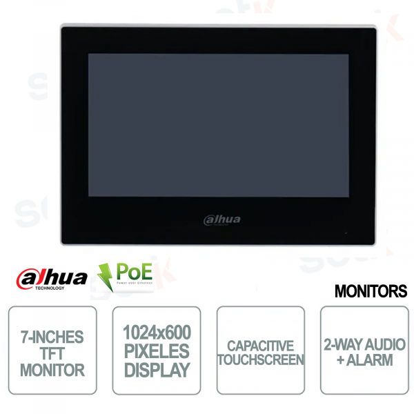 Monitor interior TFT de 7 pulgadas - 1024x600 - IP y Wi-Fi POE - Altavoz - Alarma - Negro