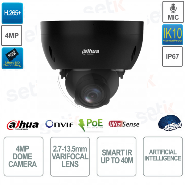 Caméra dôme IP POE ONVIF® 4MP - Objectif 2,7-13,5 mm - Smart IR 40m - Intelligence Artificielle - Noir