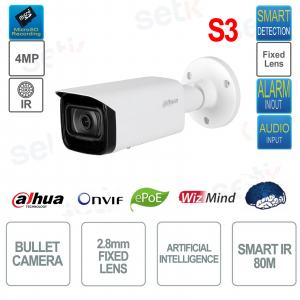 Telecamera Bullet IP ePoE ONVIF® con intelligenza artificiale - 4MP - Ottica fissa 2.8mm - Smart IR 80m - S3