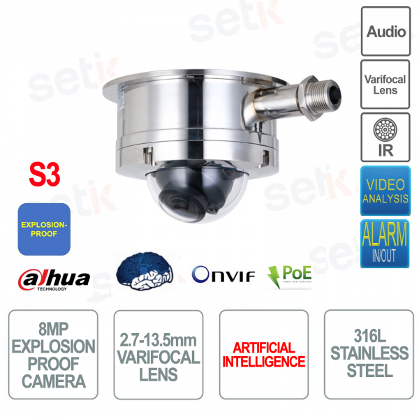 Caméra dôme IP ONVIF® PoE antidéflagrante 8MP - 2,7 mm–13,5 mm - IP68 - IK10 - IR 40m - S2