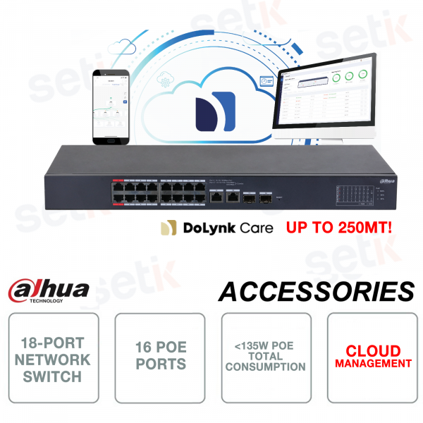 Switch réseau 16 ports PoE + 2 ports 10/100/1000 RJ45 SFP Cloud Managed Series Dahua