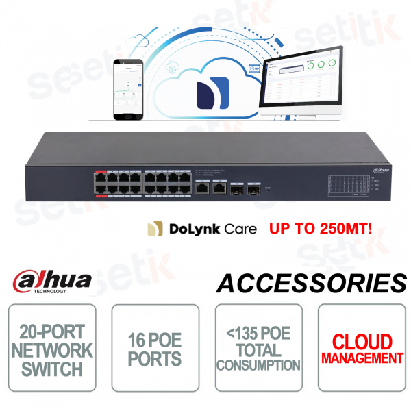 Switch di rete 16 Porte PoE + 2 Porte 10/100/1000 RJ45 + 2 porte SFP 1000 Serie Cloud Managed Dahua
