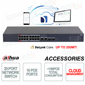Switch de red 16 puertos PoE + 2 puertos 10/100/1000 RJ45 + 2 puertos SFP 1000 Cloud Managed Series Dahua