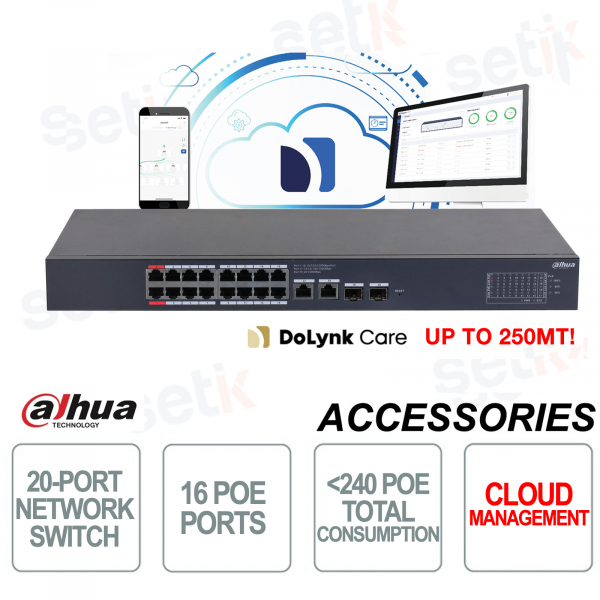Switch di rete 16 Porte PoE + 2 Porte 10/100/1000 RJ45 + 2 porte SFP 1000 Serie Cloud Managed Dahua
