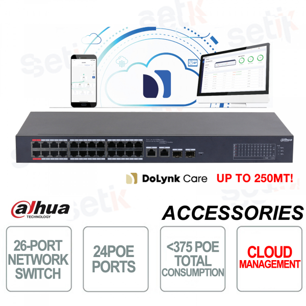 Switch di rete 24 Porte PoE + 2 Porte 10/100/1000 RJ45 SFP Serie Cloud Managed Dahua