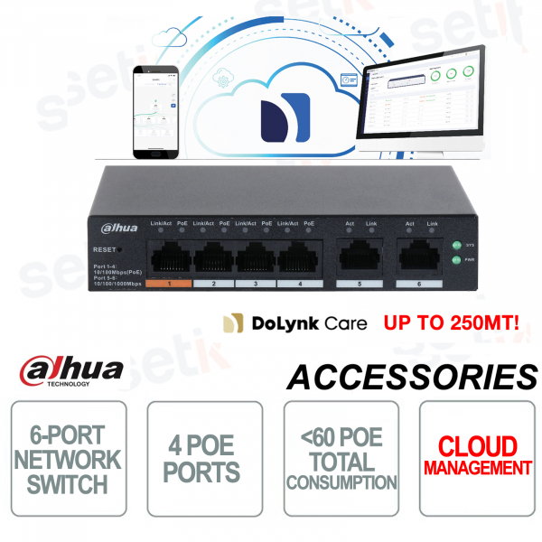 Switch di rete 4 Porte PoE + 2 Porte 10/100/1000 RJ45 Serie Cloud Managed Dahua