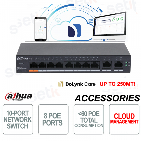 Switch di rete 8 Porte PoE + 2 Porte 10/100/1000 RJ45 Serie Cloud Managed Dahua