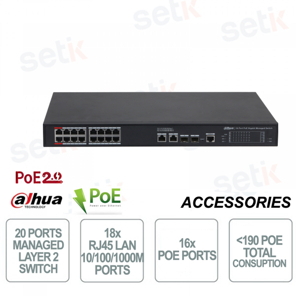 Dahua Switch di rete 16 PoE Managed Gigabit Layer 2 - 20 Porte - 2 SFP - Fino a 250M