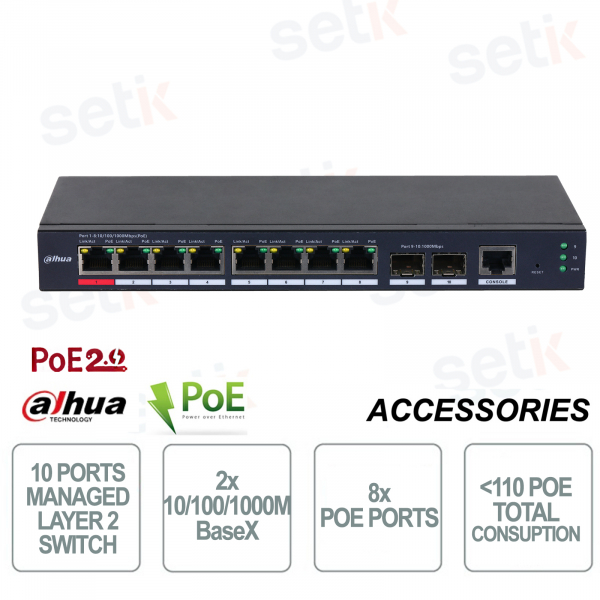 Switch di rete 8 PoE Managed Gigabit Layer 2 - 10 Porte - 2 BaseX - Fino a 250M - Dahua