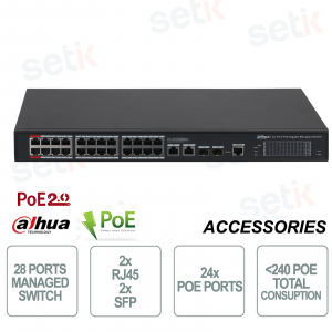 Switch di rete 24 PoE Managed Gigabit - 28 Porte - 2 RJ45 - 2 SFP - Fino a 250M - Dahua