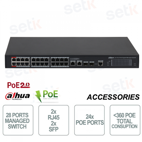 Switch de red Gigabit administrado 24 PoE - 28 puertos - 2 RJ45 - 2 SFP - Hasta 250M - Dahua